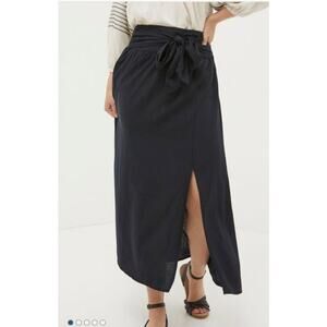 Fat face Sascha Black Midi Skirt With Linen size US 8R  Fabric Tie Elastic Waist